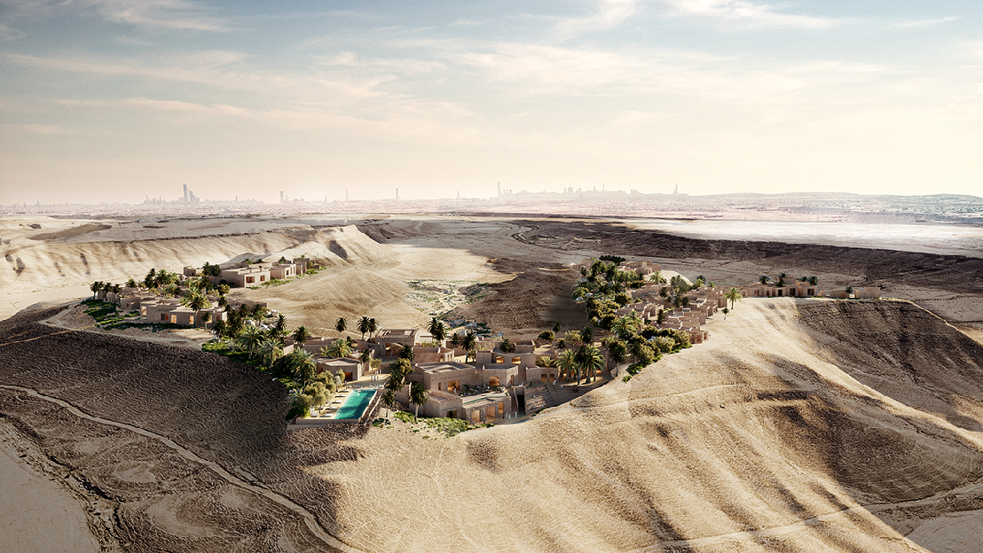 Six Senses Falcon Nest resort aerial view, Wadi Safar, Diriyah, Saudi Arabia